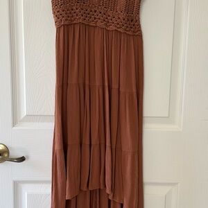 High-Low Dress in Rust with Crocheted Bodice